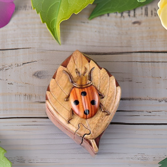 Ladybug Handmade Carved Wood Intarsia Puzzle Box