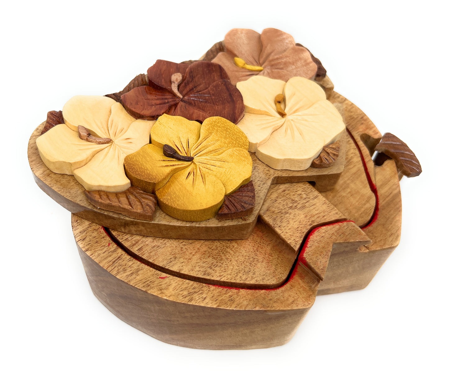 Love in Bloom Wooden Heart Puzzle Box – Handcrafted Floral‑Carved Keepsake with Secret Compartment – Romantic Gift