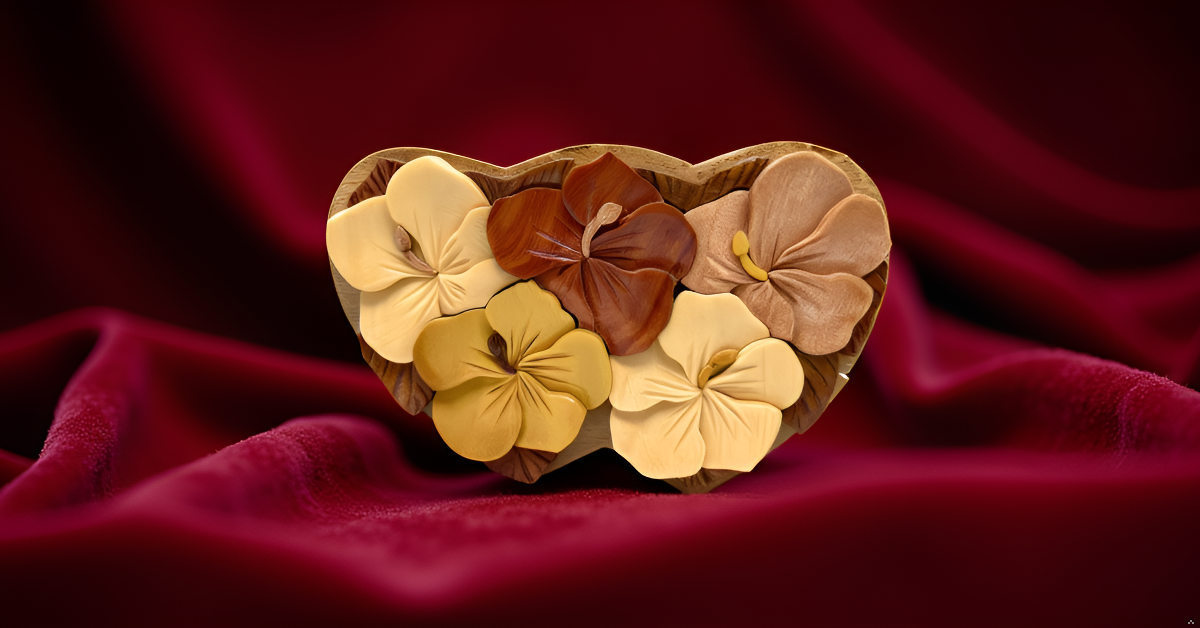 Love in Bloom Wooden Heart Puzzle Box – Handcrafted Floral‑Carved Keepsake with Secret Compartment – Romantic Gift