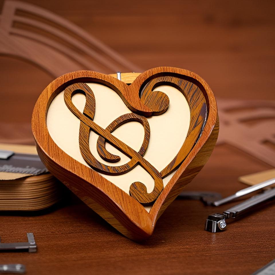 Melodic Heart, Intarsia Wood Puzzle Box with Secret Compartment, Handcrafted from All-Natural Exotic Wood