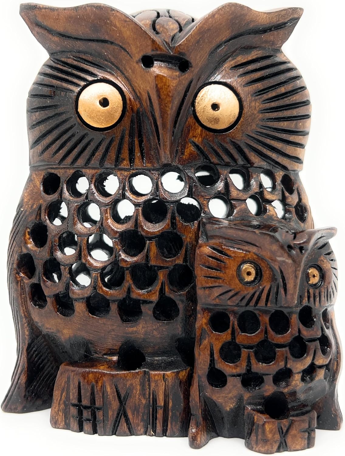Hand‑Carved Cedar Wood Owl Pair – Undercut Jali Art, Natural Decor & Meaningful Family Gift