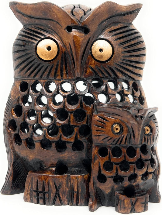 Hand‑Carved Cedar Wood Owl Pair – Undercut Jali Art, Natural Decor & Meaningful Family Gift