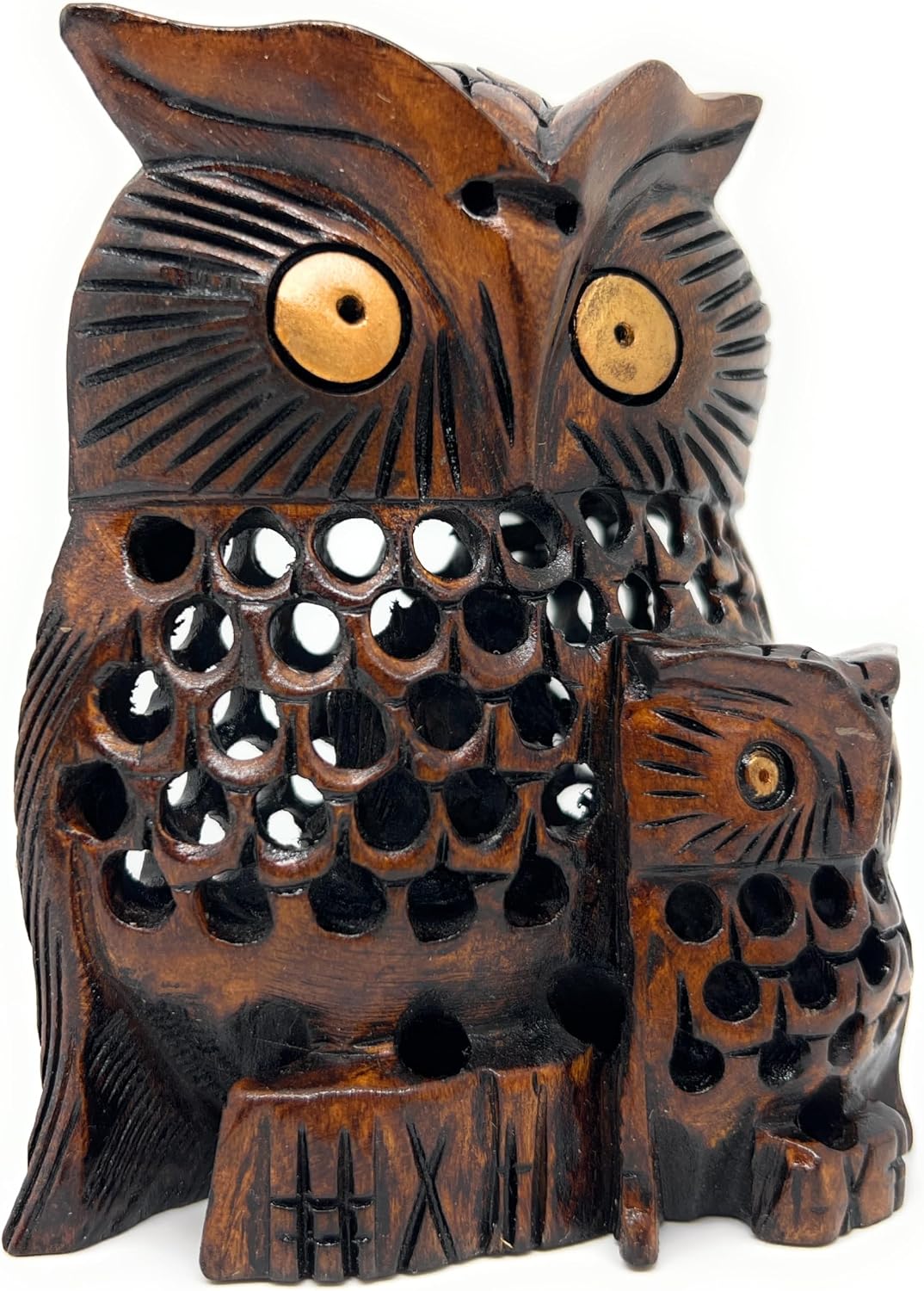 Hand‑Carved Cedar Wood Owl Pair – Undercut Jali Art, Natural Decor & Meaningful Family Gift