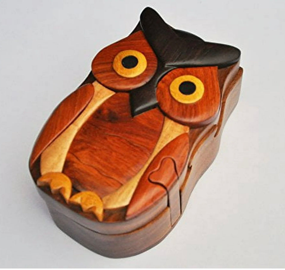 Owl, Handcrafted Wooden Puzzle Box- All-Natural Intarsia Wood Art