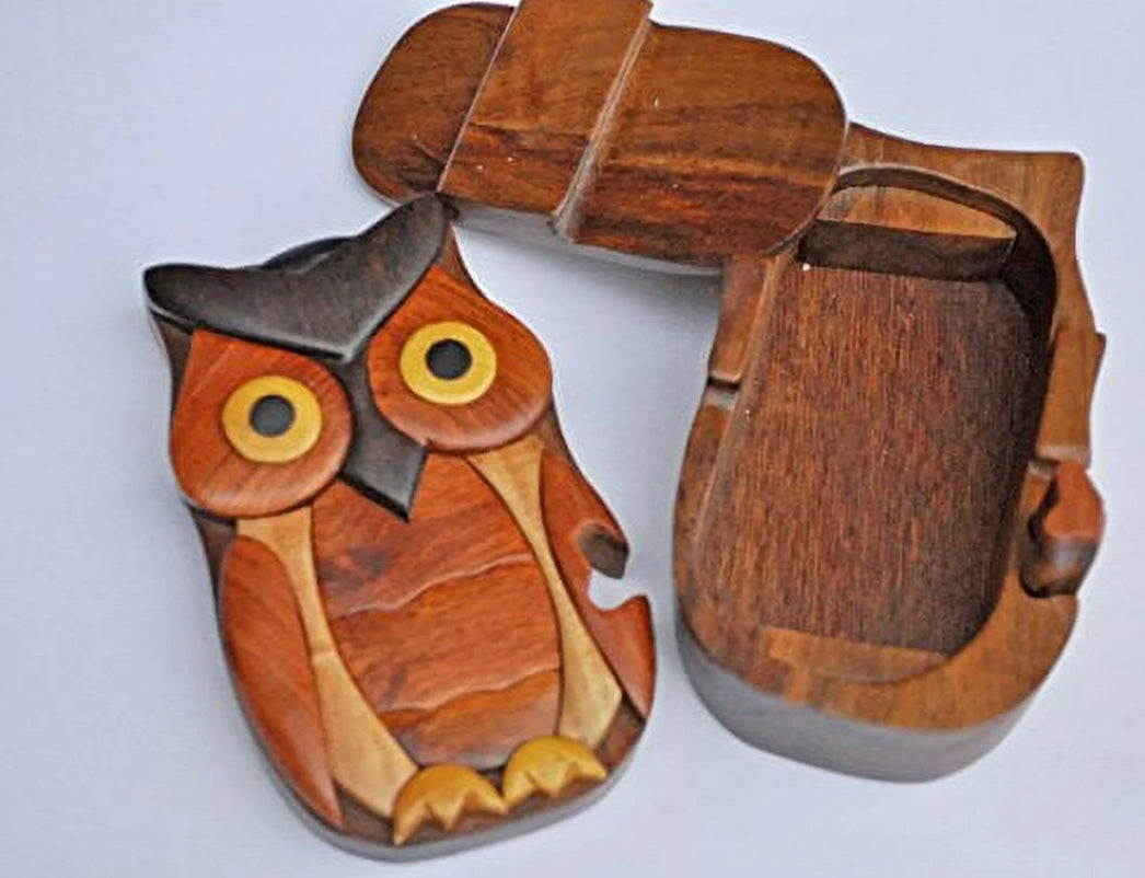 Owl, Handcrafted Wooden Puzzle Box- All-Natural Intarsia Wood Art