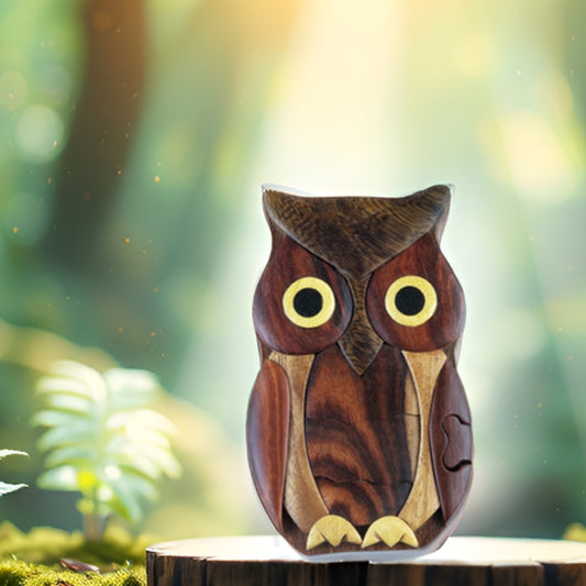 Owl, Handcrafted Wooden Puzzle Box- All-Natural Intarsia Wood Art