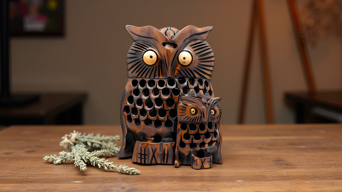 Hand‑Carved Cedar Wood Owl Pair – Undercut Jali Art, Natural Decor & Meaningful Family Gift
