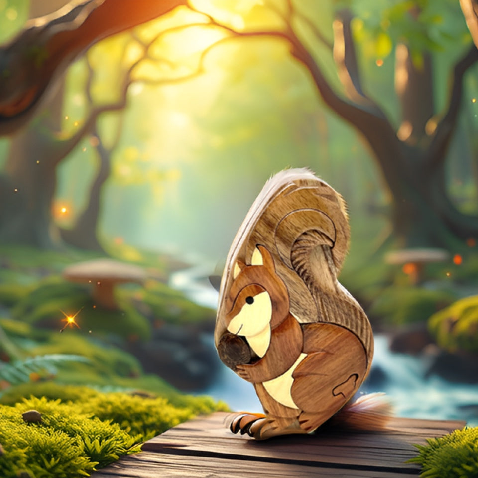Squirrel Wooden Puzzle Box with Secret Compartment, Unique Intarsia Wood Art, Handcrafted from All-Natural and Sustainable Wood