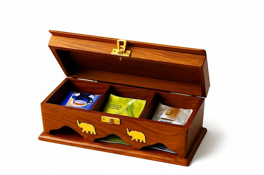 Handcrafted Rosewood Tea Storage Box with Brass Inlay, 3 Compartments