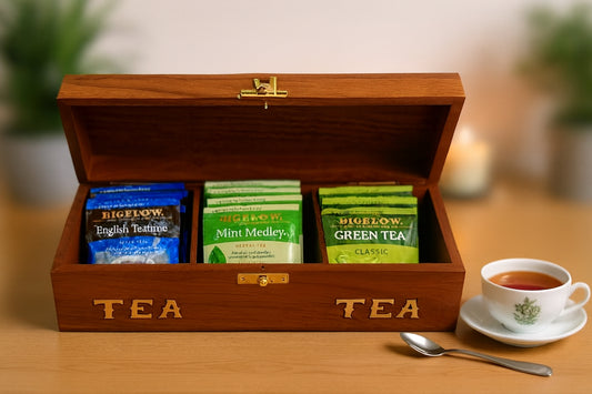 Rosewood Tea Box, 3-Compartment Tea Bag Organizer