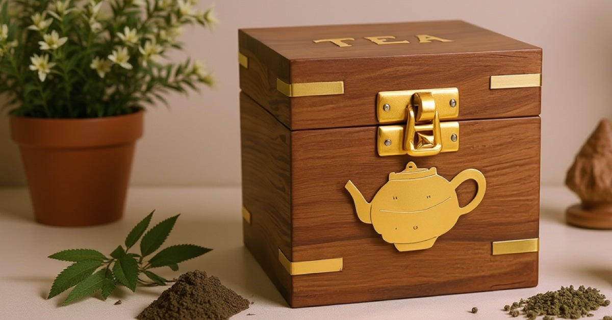 Artisan Tea Bag Organizer Box with Brass Inlay, Handcrafted from Rosewood