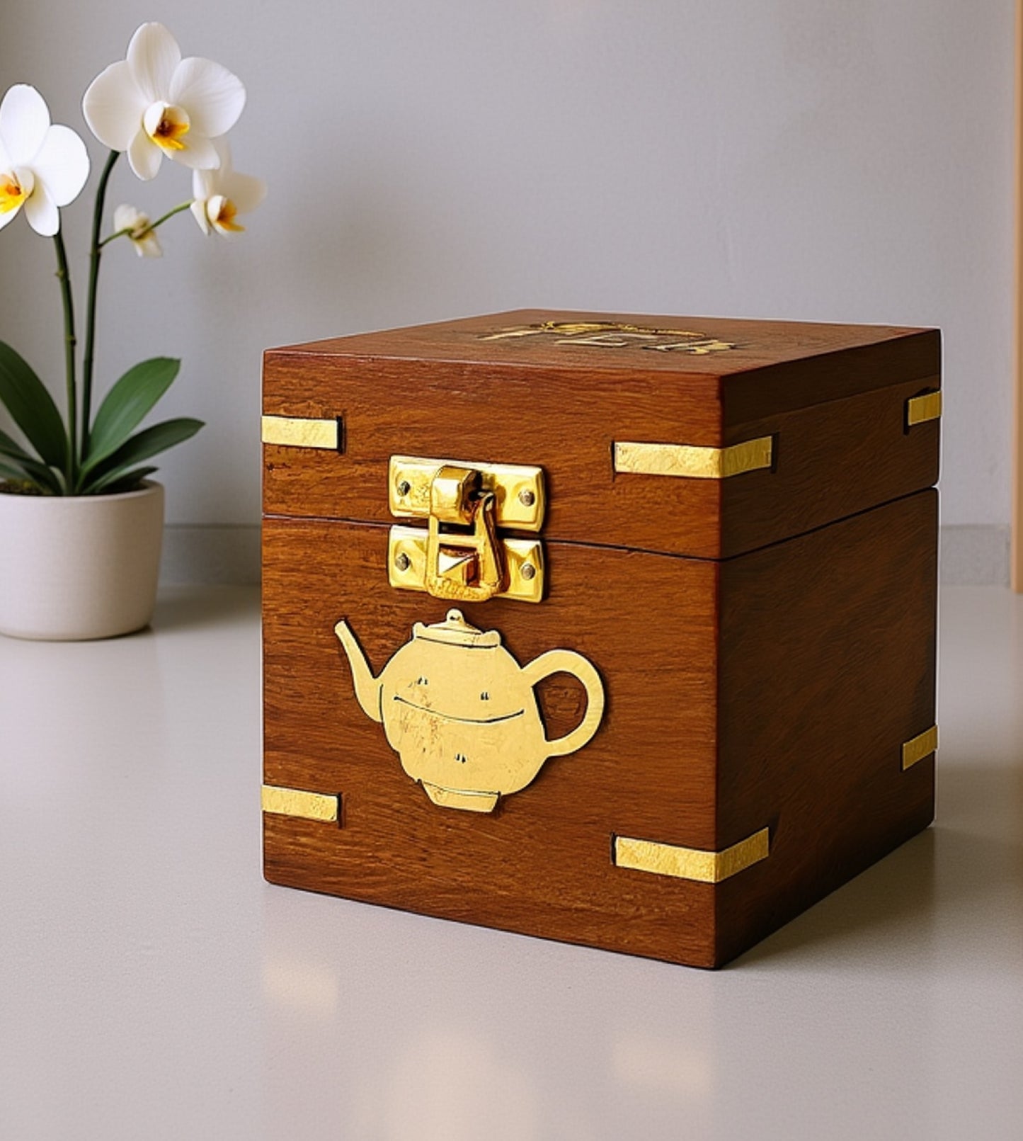 Artisan Tea Bag Organizer Box with Brass Inlay, Handcrafted from Rosewood
