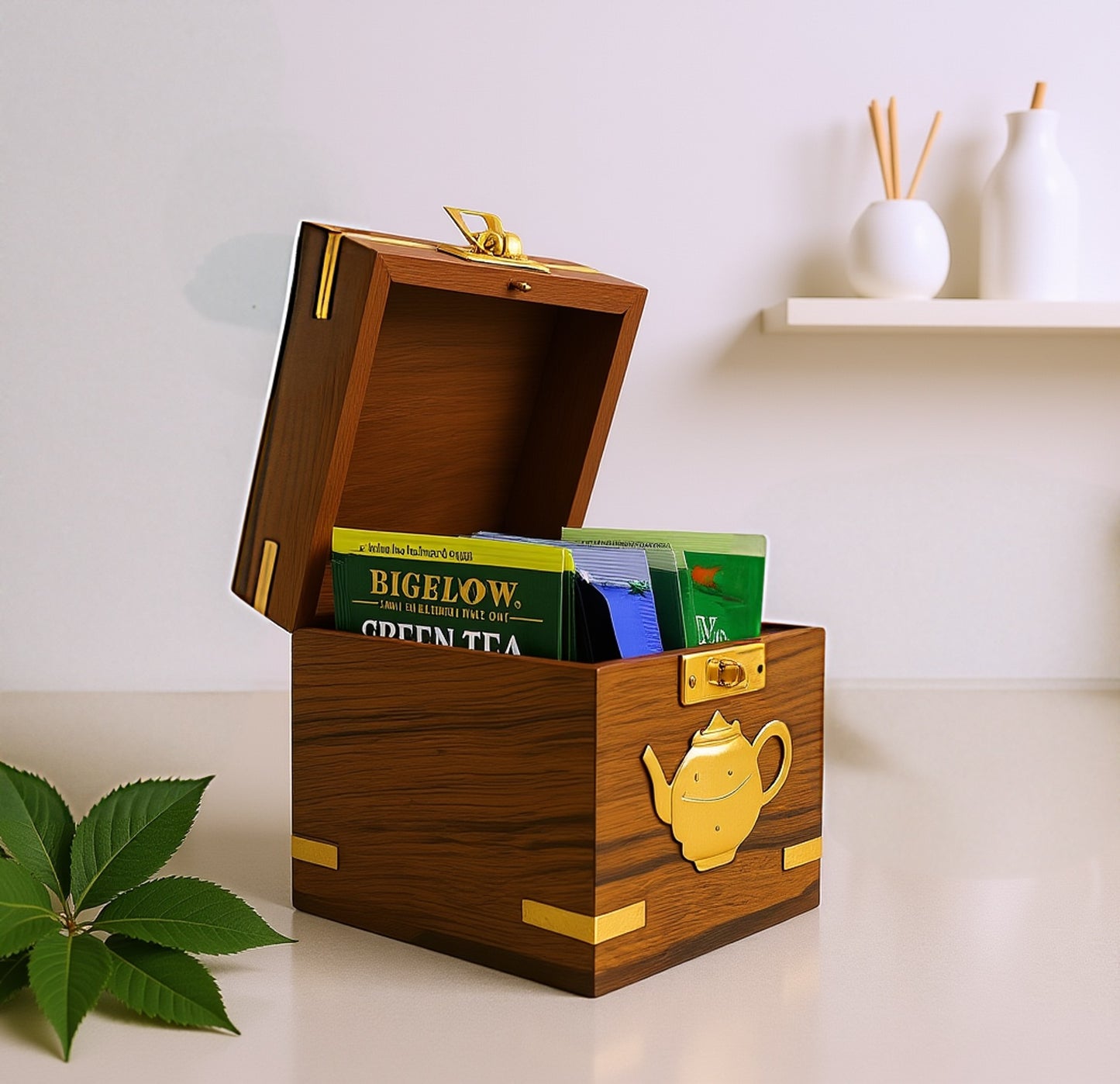 Artisan Tea Bag Organizer Box with Brass Inlay, Handcrafted from Rosewood