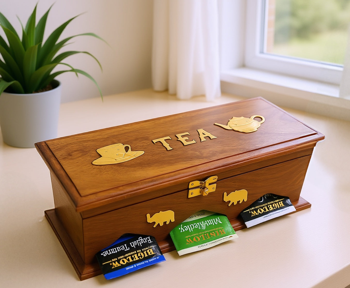 Handcrafted Rosewood Tea Storage Box with Brass Inlay, 3 Compartments
