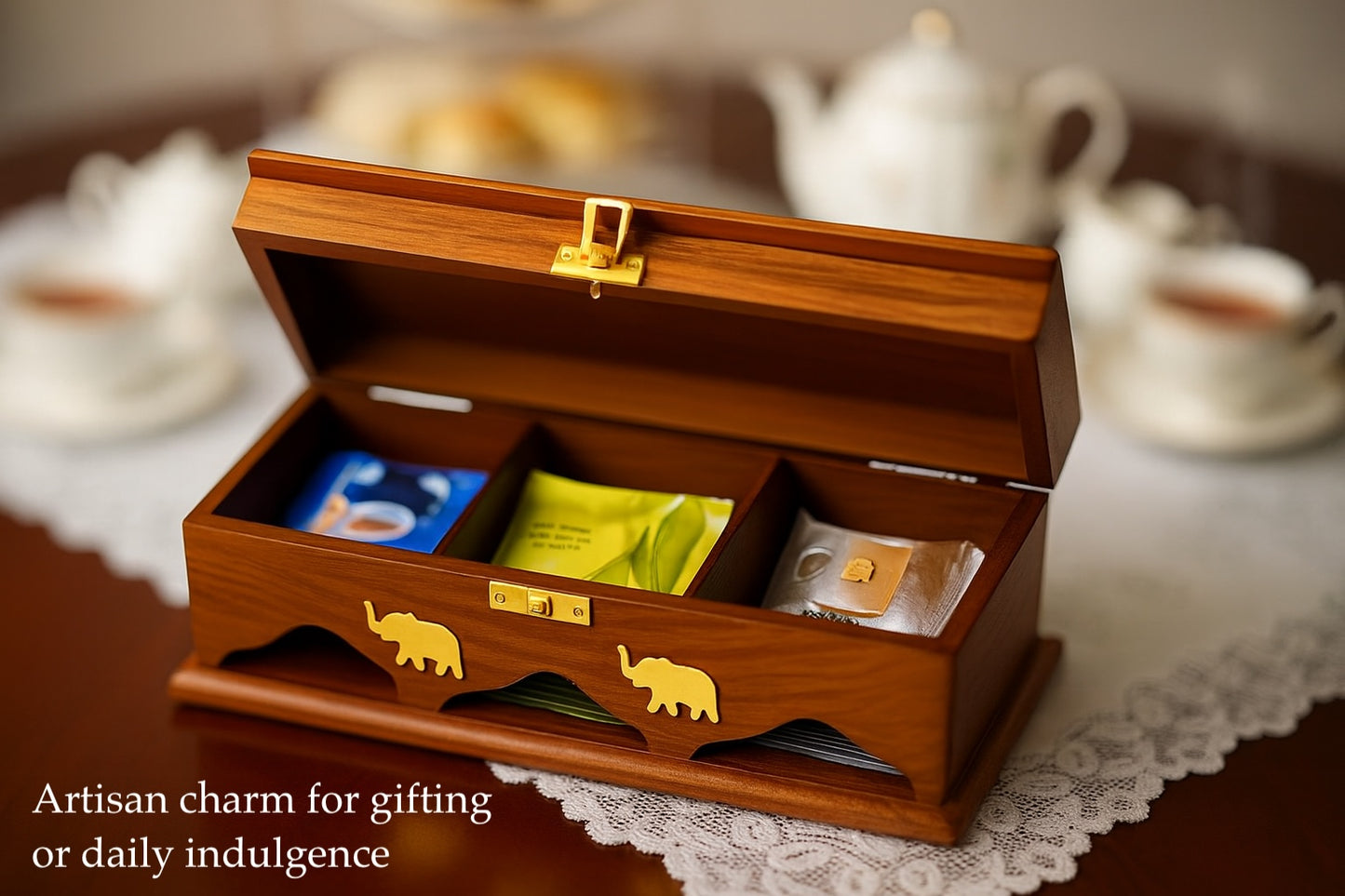 Handcrafted Rosewood Tea Storage Box, 3 Compartments