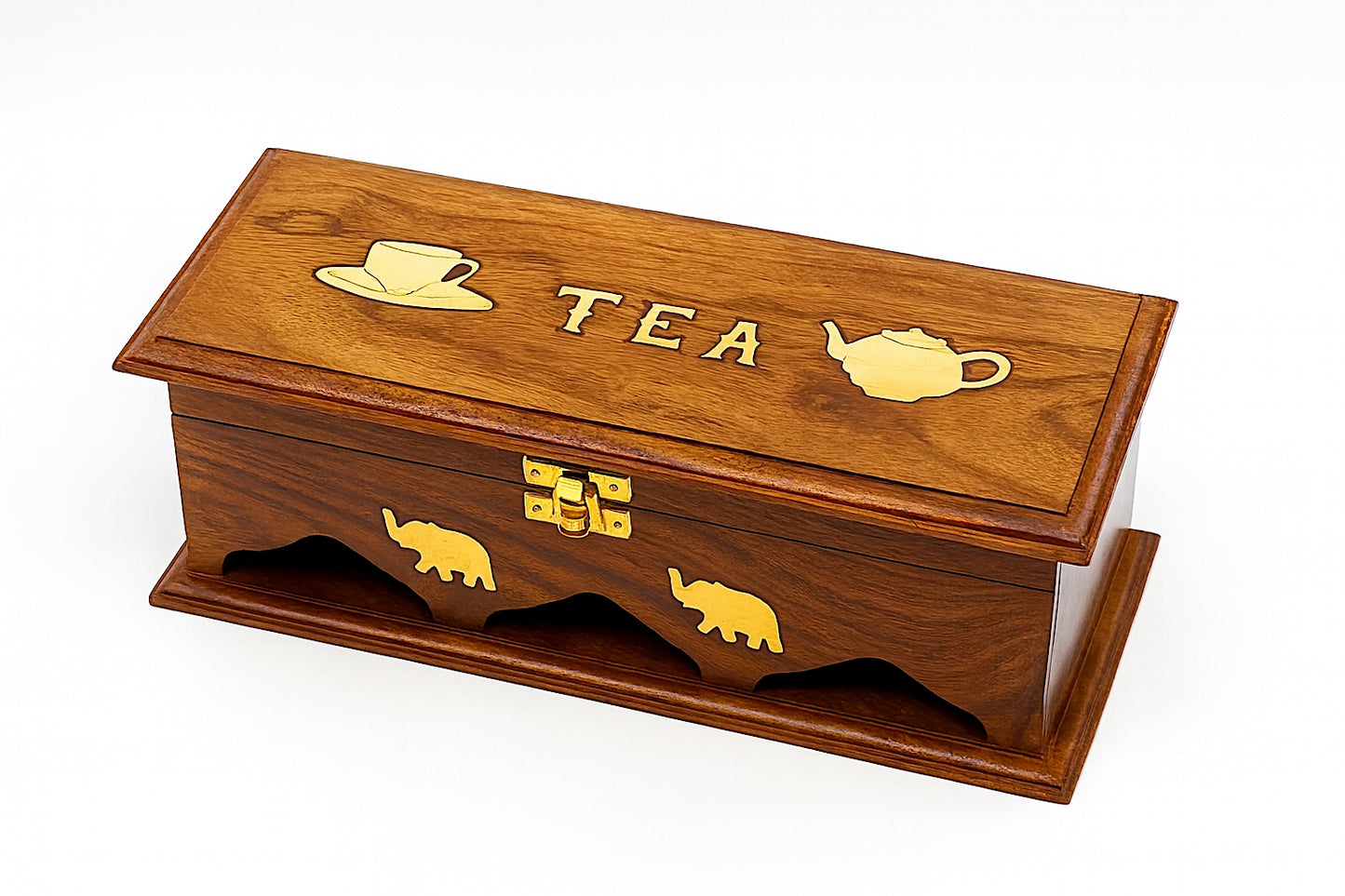Handcrafted Rosewood Tea Storage Box with Brass Inlay, 3 Compartments
