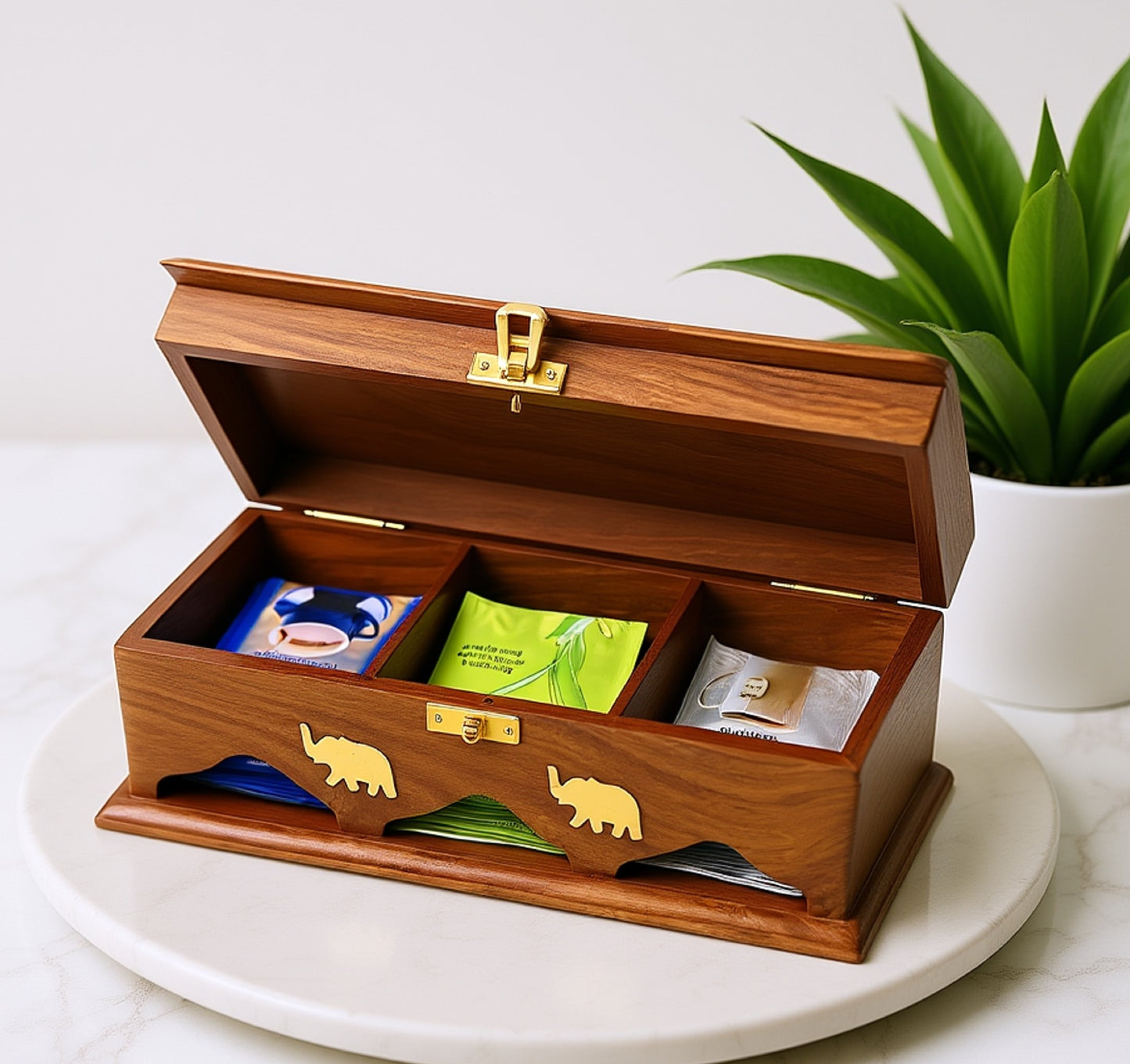 Handcrafted Rosewood Tea Storage Box with Brass Inlay, 3 Compartments