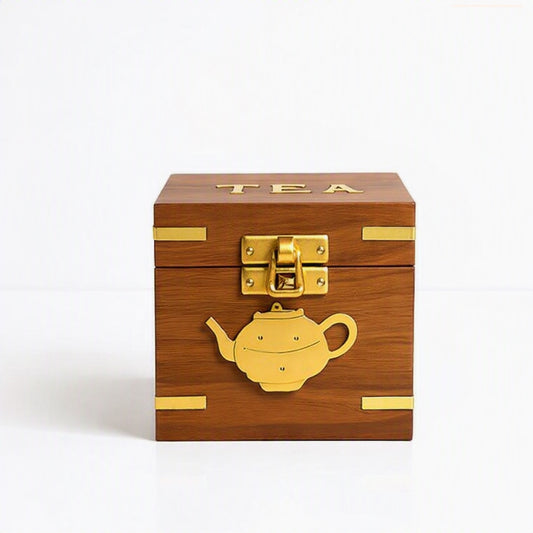 Artisan Tea Bag Organizer Box with Brass Inlay, Handcrafted from Rosewood