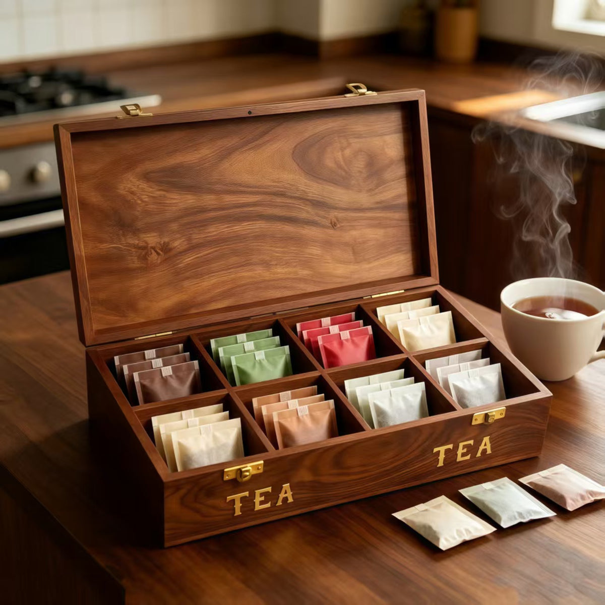 Handcrafted Rosewood Wooden Tea Bag Storage Box - 8 Compartment