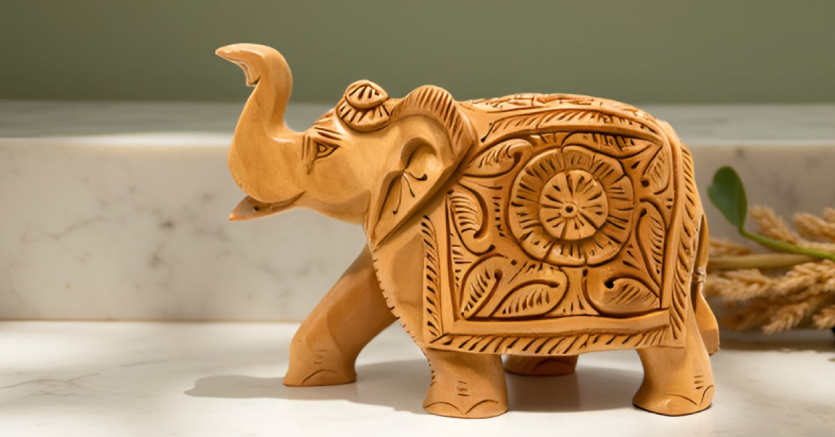 Hand‑Carved Cedar Wood Elephant Figurine – Traditional Indian Art Décor with Floral Detailing