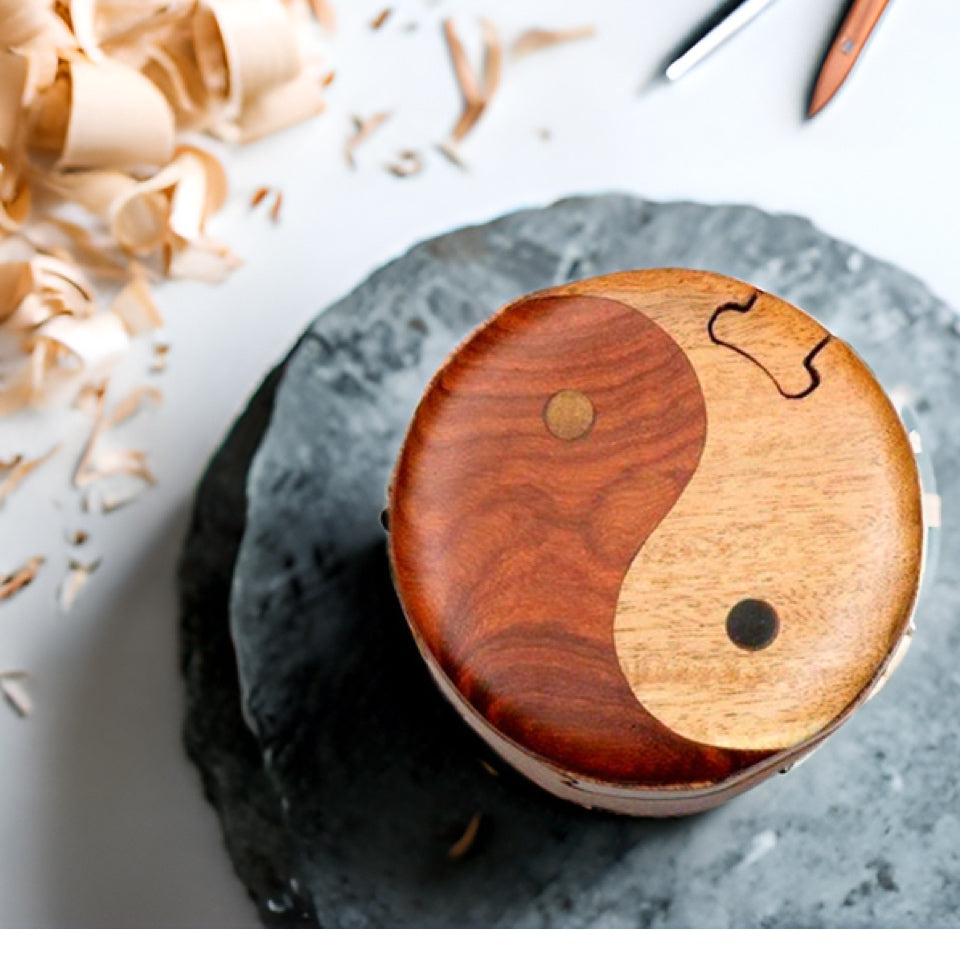 Yin & Yang - Handcrafted Wooden Puzzle Box with Secret Compartment - All Natural Intarsia Wood Art