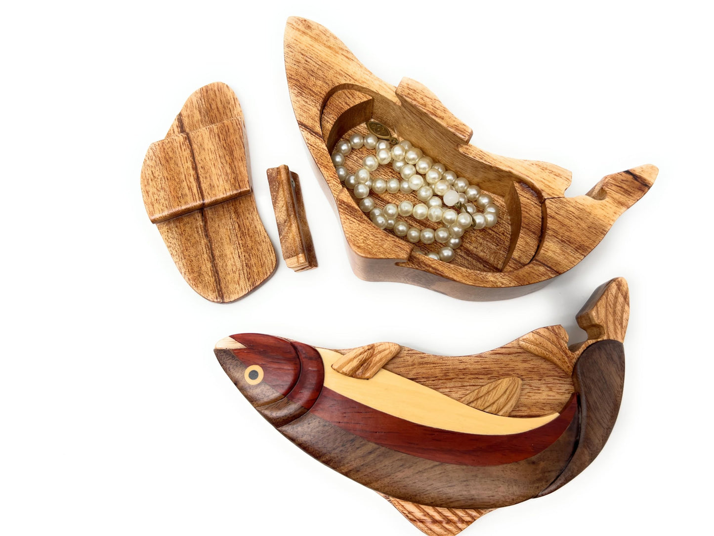 Handcrafted Rainbow Trout Wood Puzzle Box, All-Natural Wood Intarsia Art with Secret Compartment