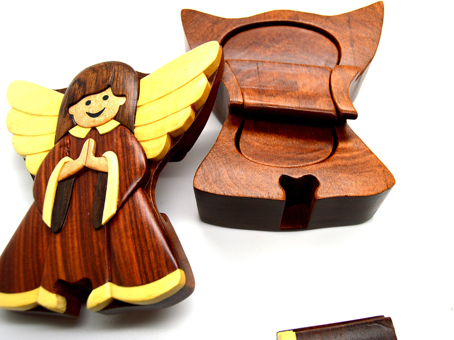 Angel Handmade Carved Wood Intarsia Puzzle Box