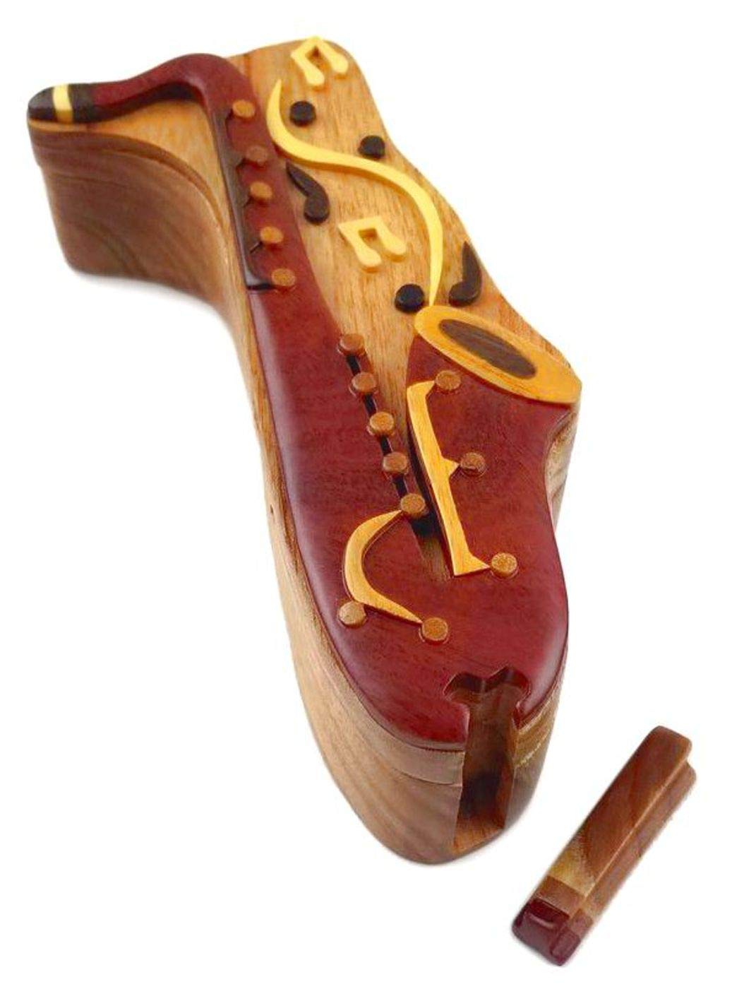 Saxophone, All Natural Exotic Woods Puzzle Box, Handmade Intarsia Wood Art
