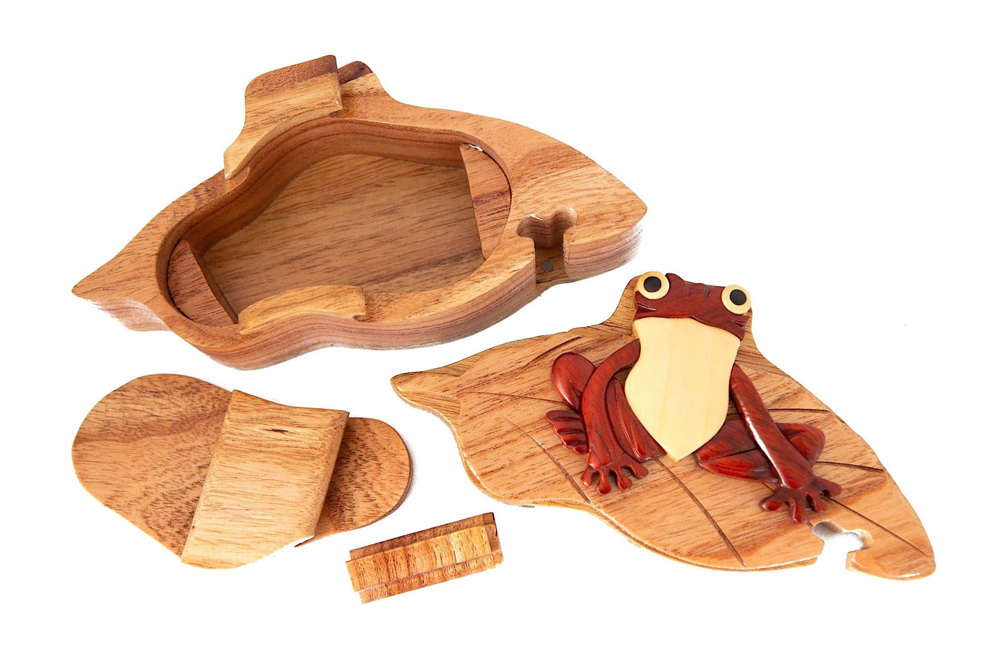 Frog on Lily pad - All Natural Wood Intarsia Puzzle Box - Handcrafted with Secret Compartment