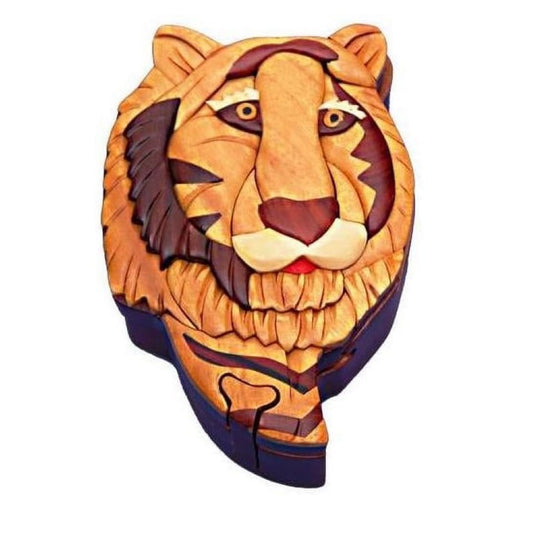 Tiger - Handcrafted Wood Intarsia Puzzle Box - All Natural Exotic Woods with Secret Compartment