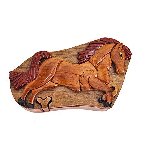 South Asia Trading Handmade Wooden Art Intarsia Trick Secret Horse Colt Filly Foal Pony Standing Dark Puzzle Trinket Box (3404) (g2)