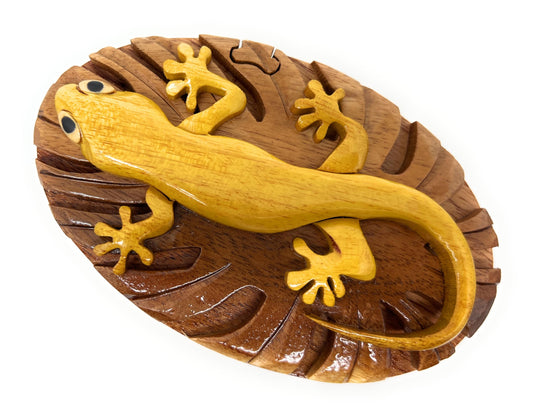 Gecko, All Natural Wood Puzzle Box, Handcrafted with Hidden Compartment and Key, Exotic Intarsia Wood Art