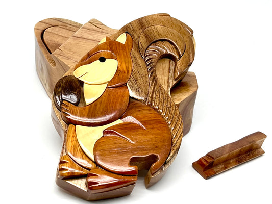 Handcrafted Squirrel Intarsia Wood Puzzle Box with Secret Compartment Keepsake