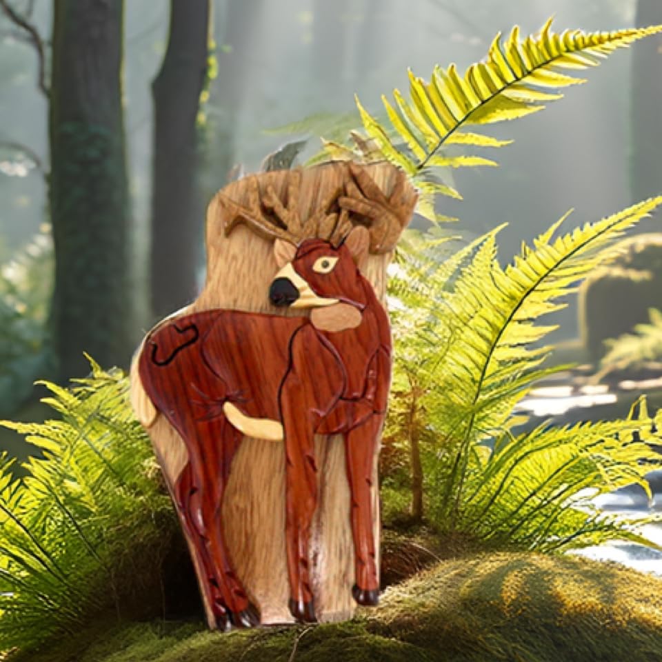 Standing Deer, Handmade Wooden Puzzle Box with Secret Compartment, All-Natural Intarsia Wood Art