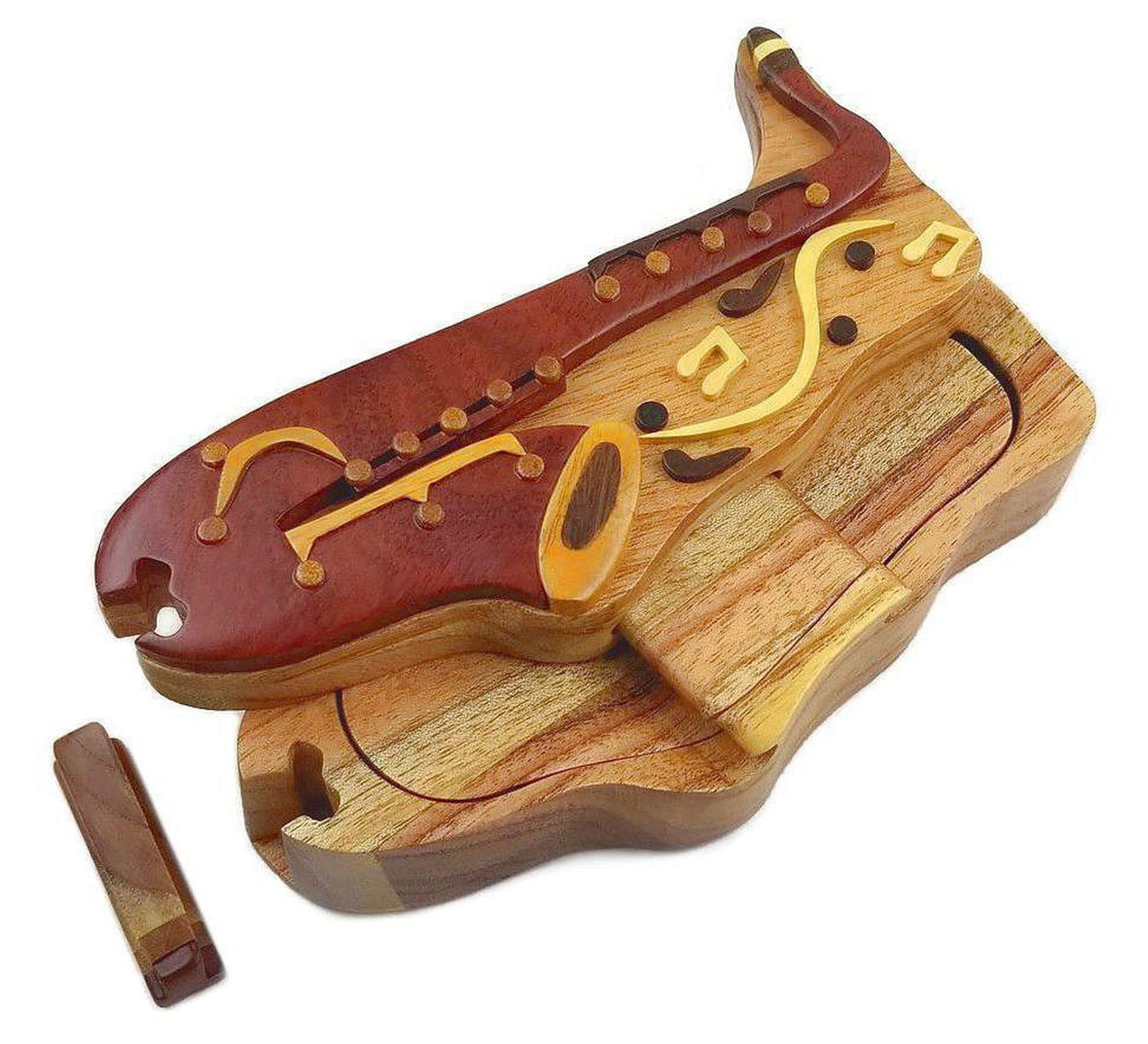 Saxophone, All Natural Exotic Woods Puzzle Box, Handmade Intarsia Wood Art