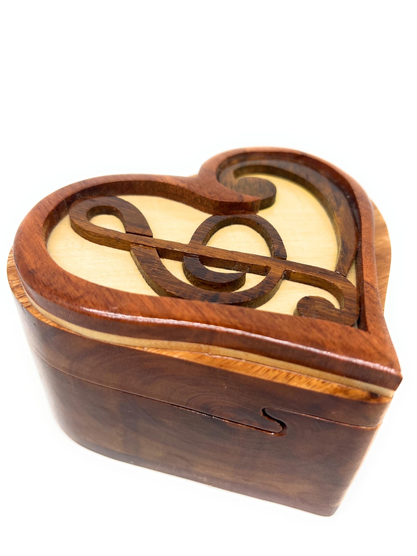 Melodic Heart, Intarsia Wood Puzzle Box with Secret Compartment, Handcrafted from All-Natural Exotic Wood