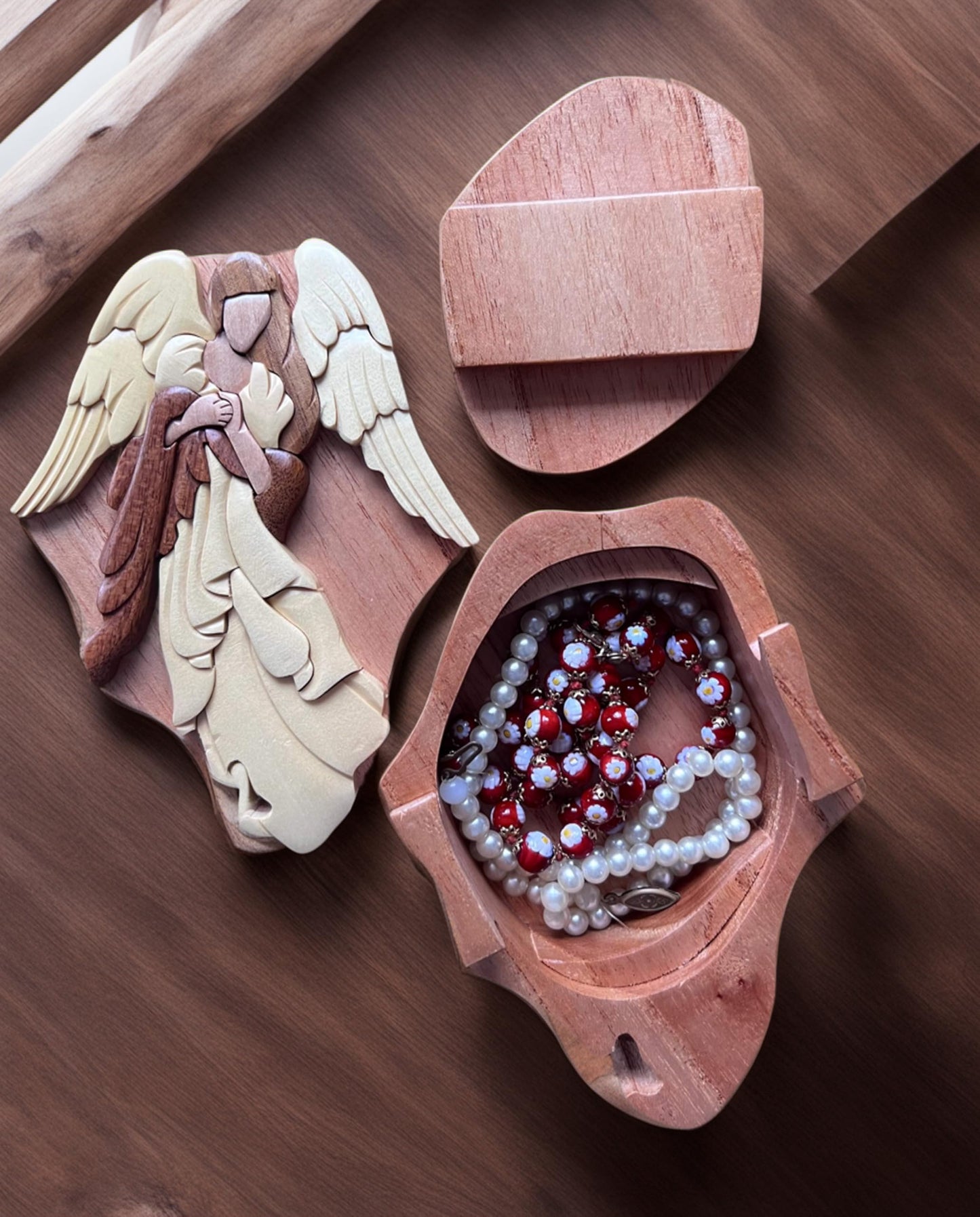Angel, Handcrafted Wooden Puzzle Box, All Natural Intarsia Wood Art, Secret Compartment with Key