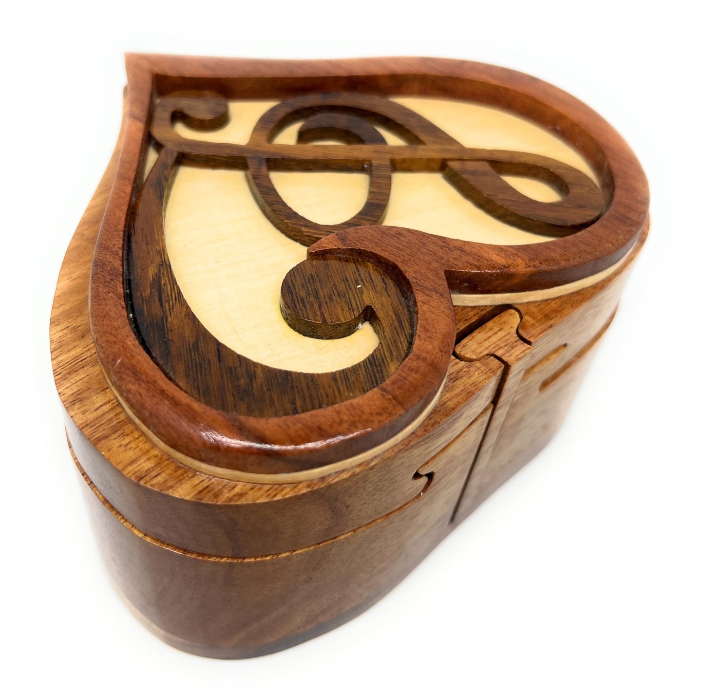 Melodic Heart, Intarsia Wood Puzzle Box with Secret Compartment, Handcrafted from All-Natural Exotic Wood