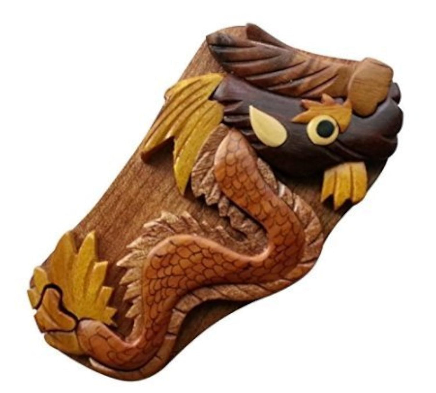 South Asia Trading Handmade Wooden Wood Intarsia Puzzle Dragon Puzzle Box (3077) - Hide Gift Cash